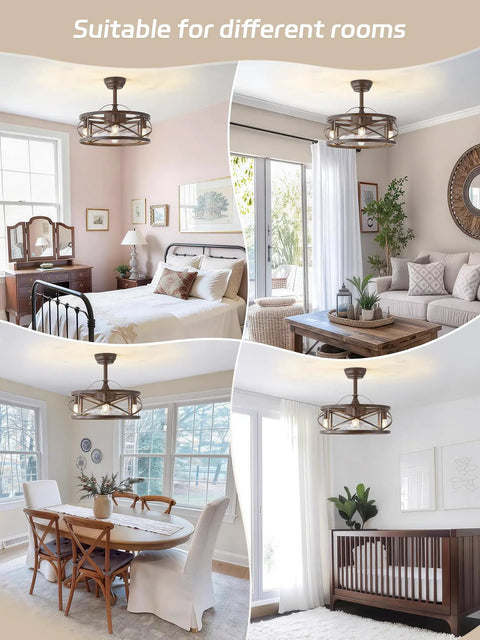 Metnaour 20 Inch Fandelier Caged Ceiling Fan with Lights and Remote, Rustic Farmhouse Bladeless Ceiling Fan in various room settings.