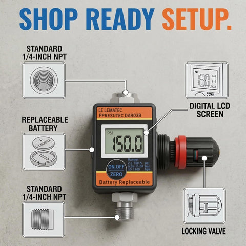 Digital Air Pressure Regulator With Locking Valve For Precise Airflow Up To 160 PSI Inline One Quarter Inch NPT Regulator diagram
