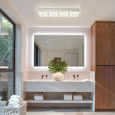 Rectangular Flush Mount LED Ceiling Light Fixture 24 Inch Long Crystal Dimmable in bathroom above dual vanity with mirror reflecting light