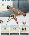 Wooden Telescope Building Kit With Tripod For Adults, 3X Magnification, 3D Puzzle STEM Toy, Retro Pirate Scope With Skull Lens Cover, Hands On Gift For Adults, Cool DIY Science Kit For Curious Minds And Hobbyists. Wooden tripod telescope showing 150m range and 3x zoom