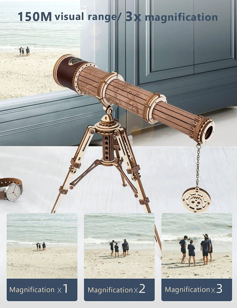 Wooden Telescope Building Kit With Tripod For Adults, 3X Magnification, 3D Puzzle STEM Toy, Retro Pirate Scope With Skull Lens Cover, Hands On Gift For Adults, Cool DIY Science Kit For Curious Minds And Hobbyists. Wooden tripod telescope showing 150m range and 3x zoom