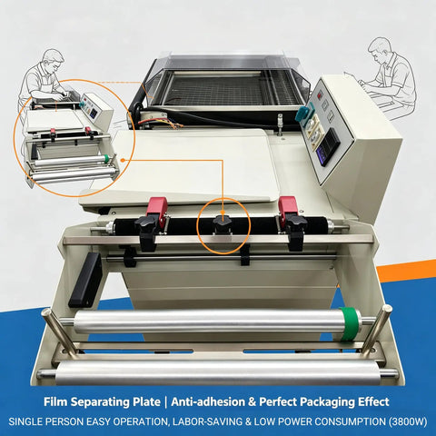 Game Changing Automatic Two In One Thermal Shrink Wrapping Machine With L Bar Sealer And Heat Tunnel For POF And PVC Film 3800W close-up of control panel and film separating plate.