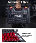 Carrying case of Bearing Press Kit 43 Pcs Bearing Race And Seal Driver Set with organized red bushings and handle shafts inside.