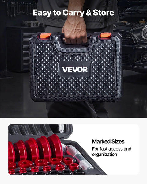 Carrying case of Bearing Press Kit 43 Pcs Bearing Race And Seal Driver Set with organized red bushings and handle shafts inside.