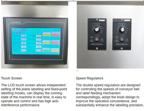 Bulletproof Stainless Steel Desktop Auto Labeling Machine Slick Top And Side Applicator control interface with LCD touch screen and speed regulators.