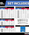 XZN Triple Square Bit Set Pro Grade 20 Piece Extra Long 4 Inch Spline Socket Kit with chart and case shown