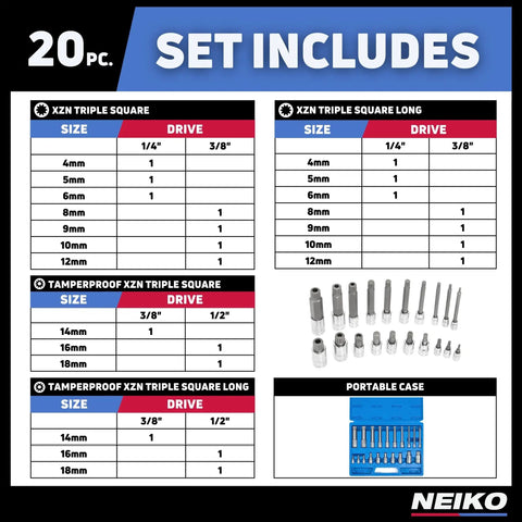 XZN Triple Square Bit Set Pro Grade 20 Piece Extra Long 4 Inch Spline Socket Kit with chart and case shown