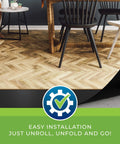 Rock Solid.006 Mil Polyethylene Moisture Vapor Barrier Roll For Laminate Engineered Hardwood Floors 100 Square Feet shown on herringbone flooring.