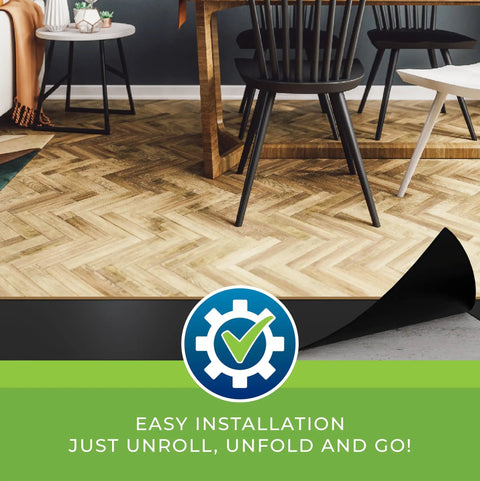Rock Solid.006 Mil Polyethylene Moisture Vapor Barrier Roll For Laminate Engineered Hardwood Floors 100 Square Feet shown on herringbone flooring.