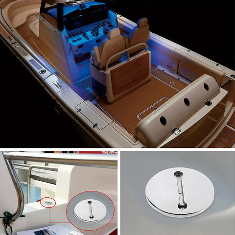 Boat with Keyless 50mm Boat Deck Fill Cap in Marine Grade 316 Stainless Steel, polished silver finish, shown installed and isolated