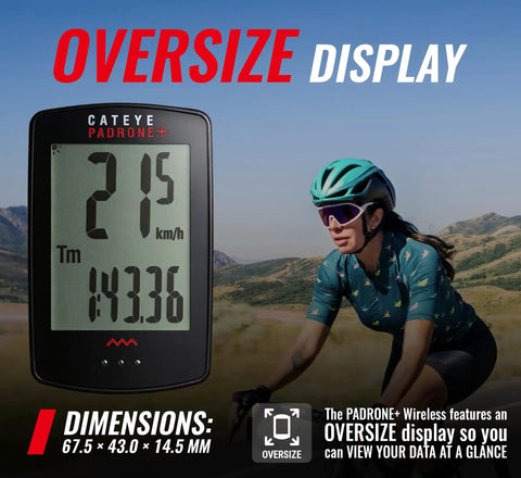 Oversized Backlit Bike Computer With Wireless Speed Tracking showing screen and cyclist in helmet on mountainous road.