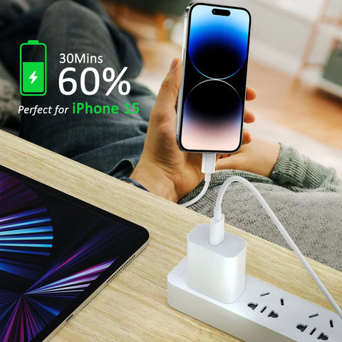 Front view of USB-C to USB-C charging cable, 2-pack, 10ft, white; charging iPhone 15 from wall adapter