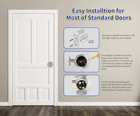 Installation steps for Keyless Entry Door Knob With Keypad For Home And Office with diagrams on standard white door.