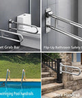 Super Sturdy Flip Up Toilet Grab Bar With Integrated Paper Holder Heavy Duty Stainless Steel Bathroom Safety Rail Anti Slip Folding Handrail For Seniors No Sweat Setup mounted in bathroom and stair, showcasing various installations.