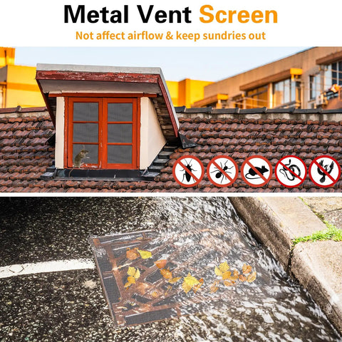 Roof with metal vent screen and street drain with mesh preventing debris, illustrating Six Pack 12 By 8 Inch 20 Mesh Stainless Steel Wire Mesh Screen For DIY Projects No Rust Cage Vent Garden Window Screen Filter Mesh Tough As Nails Durable For Airflow And Filtration use.