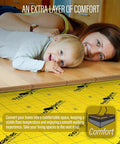 Top Tier Floor Underlayment With Integrated Moisture Shield Two Hundred Square Foot Roll Three Millimeter Thick Heavy Hitter Sound Dampening Base Layer For Hardwood Laminate And Luxury Vinyl Plank Floors in a home setting with a child and adult.
