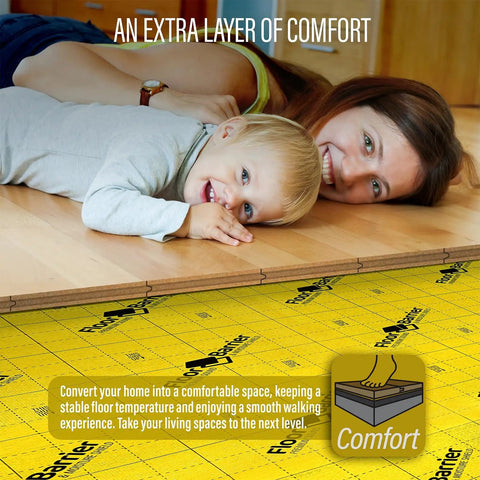 Top Tier Floor Underlayment With Integrated Moisture Shield Two Hundred Square Foot Roll Three Millimeter Thick Heavy Hitter Sound Dampening Base Layer For Hardwood Laminate And Luxury Vinyl Plank Floors in a home setting with a child and adult.