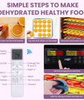 Slick Food Dehydrator With Nine Stainless Steel Trays And Handy Remote Control Plus Robust Eight Hundred Watt Motor And 24 Hour Timer instructions showing steps for drying fruit.
