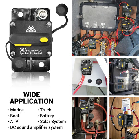 Rock Solid 30 Amp Circuit Breaker Fuse Inline Holder With No Sweat Manual Reset Push Button and Kill Switch Function Heavy Duty Copper Wire Lug and Washer Screw For Marine Auto Boat Mods Hella Reliable installed in various applications.