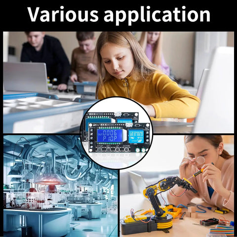 Time Delay Relay Module Dual Pack for DC 5V 12V 24V with LCD Display, shown in various application settings