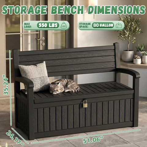 80 Gallon Outdoor Storage Bench Deck Box Waterproof Resin Lockable UV Resistant Garden Furniture For Porch Patio Poolside Black Cushion Included Weatherproof Durable Easy Assembly