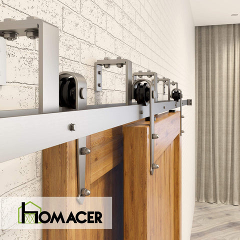 Side view of Brushed Nickel Double Track Bypass Sliding Barn Door Hardware Kit for Two Doors 6.6ft Flat Track installation