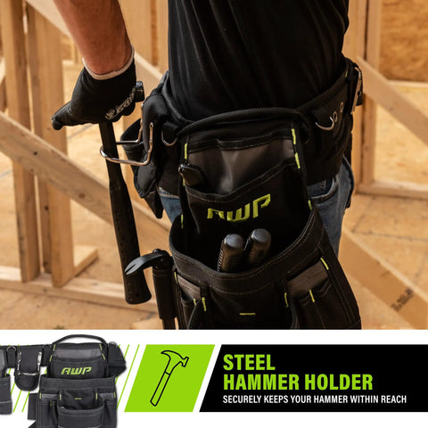 Durable Premium Pro Grade Tool Belt Rig With 18 Pockets And Quick Access Tool Loops For Men And Women on job site.