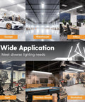 Image collage showing usage of 12 Pack Linkable LED Shop Lights With Reflectors, 4 Ft, 4400 Lumens, in various settings including garage, warehouse, office, gym, snooker room, and workshop.