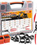 324 Piece Spring Hose Clamp Kit With 6-38mm Range And 2 Pliers in organized case, various clamp sizes visible