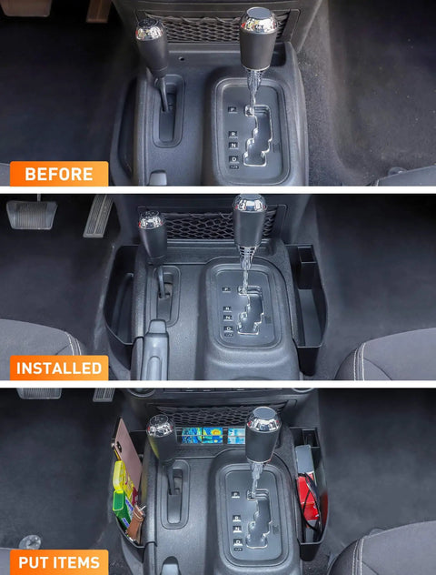 Before and after installing Shifter Console Storage Box For Jeep Wrangler JK JKU 2011 To 2018 with USB slot and organizer compartments.