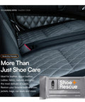 Car seat with quilted design and Shoe + Rescue wipes package, highlighting all surface cleaning, for leather, suede, and fabric.