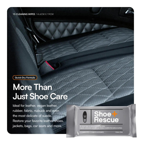 Car seat with quilted design and Shoe + Rescue wipes package, highlighting all surface cleaning, for leather, suede, and fabric.
