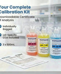 Three 500 mL bottles of PH Calibration Buffer Set 4.00 7.00 10.00 3 Pack, NIST Calibrated Color Coded, with documentation in a lab