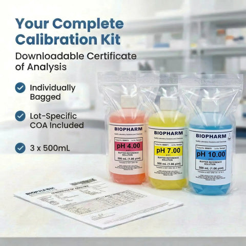 Three 500 mL bottles of PH Calibration Buffer Set 4.00 7.00 10.00 3 Pack, NIST Calibrated Color Coded, with documentation in a lab
