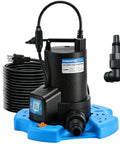 Half Horsepower Pool Cover Pump With Automatic On Off 3500 GPH Submersible Water Pump Includes Filter Net shown on a blue base