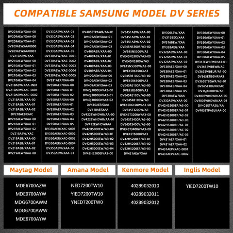 Chart of compatible Samsung model DV series, Maytag, Amana, Kenmore, and Inglis models for dryer heating element DC47-00019A