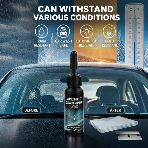 Windshield Repair Kit For Chips And Cracks DIY Car Glass Repair Tool With Upgraded Nano Resin For Permanent Invisible Fix Fast Drying All Vehicles 2 Pcs on car hood showing before and after results with liquid bottle and repair tools.