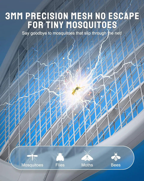 Close-up of 3800V Handheld Bug Zapper with high-voltage grid electrocuting a mosquito, featuring a 3-layer safety mesh and Type-C rechargeable battery.