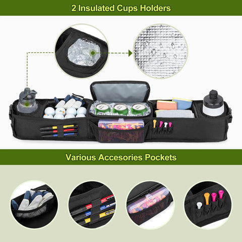 Front view of No Drill Front Golf Cart Storage Tray with open cooling compartment, insulated cup holders, mesh and tee pockets.