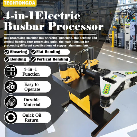 Techtongda 4 In 1 Hydraulic Busbar Bender And Cutter Machine Shearing Punching Electric Processor For Copper Aluminum view of control panel and bending arm.