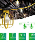 Close-up of 100Ft Construction String Lights With 10 Bulbs, showing bulb cage and cable details, in a tunnel setting