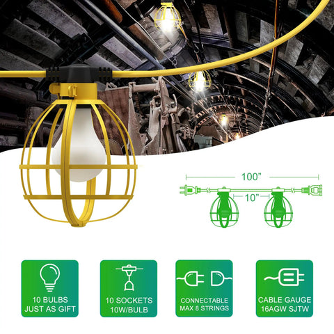 Close-up of 100Ft Construction String Lights With 10 Bulbs, showing bulb cage and cable details, in a tunnel setting