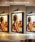 Three color temperature options displayed for the 16 Inch Wall Mounted Picture Light With Slick Cct Dimming And Long Lasting Rechargeable Battery Paired With A Wireless Remote.
