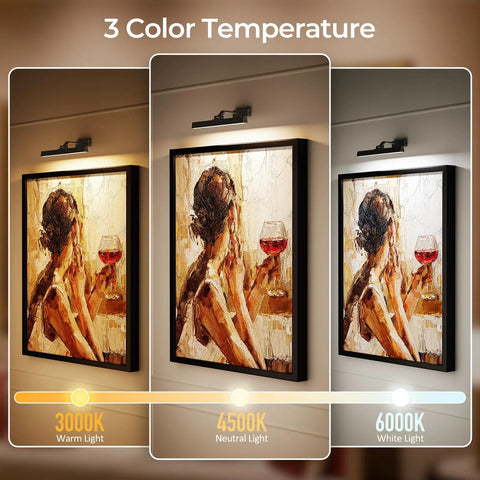 Three color temperature options displayed for the 16 Inch Wall Mounted Picture Light With Slick Cct Dimming And Long Lasting Rechargeable Battery Paired With A Wireless Remote.