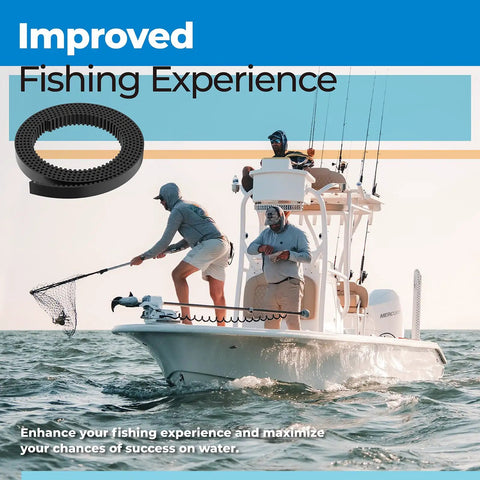 Replacement Lift Belt Kit For Minn Kota Ulterra Trolling Motors 2770820 Fits All Ulterra Models shown beside fishing boat