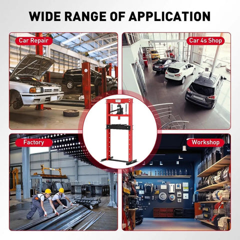 Collage showing Beefy Heavy Duty Hydraulic Shop Press For Bending Straightening And Stamping Adjustable Floor Model in workshop settings