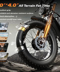Close-up of front tire of Dual Motor 5000W Peak Electric Bike for Adults showing 20x4 fat tire and hydraulic disc brake