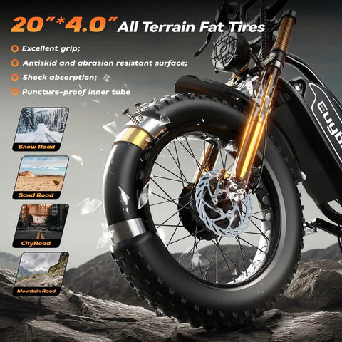 Close-up of front tire of Dual Motor 5000W Peak Electric Bike for Adults showing 20x4 fat tire and hydraulic disc brake