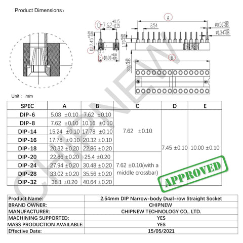 Technical drawing of 6 In 1 Narrow Body 2.54mm DIP IC Sockets Kit dimensions and specifications; PCB compatible.