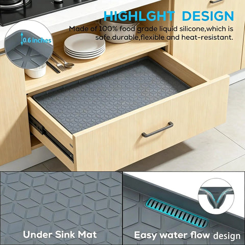 Heavy Duty Silicone Under Sink Mat 14 X 22 Inches With Drain Holes For Kitchen Cabinets And Counters flexible mat in kitchen drawer.